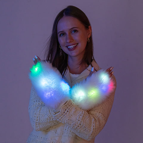 Fuzzy Fur LED Gloves Fingerless Light Up Mittens