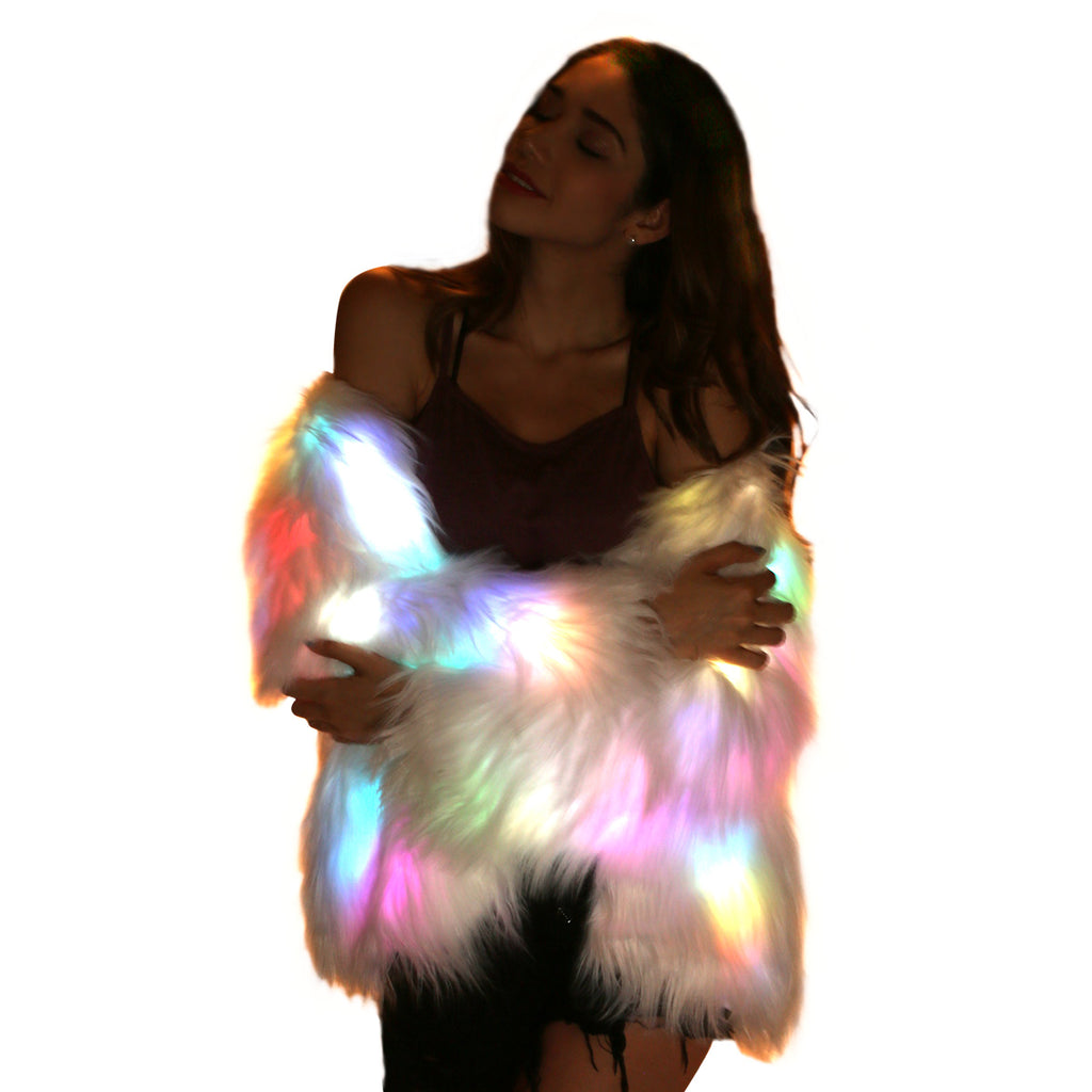 Light Up Coat Fur Led Jacket For Women Glow White Furry Faux Fur Burning  Man Costumes Rave Clothes
