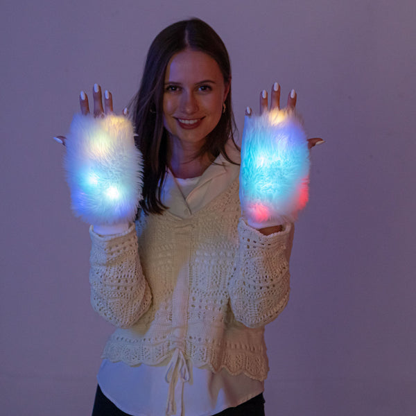 Fuzzy Fur LED Gloves Fingerless Light Up Mittens