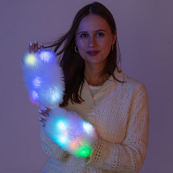 Fuzzy Fur LED Gloves Fingerless Light Up Mittens