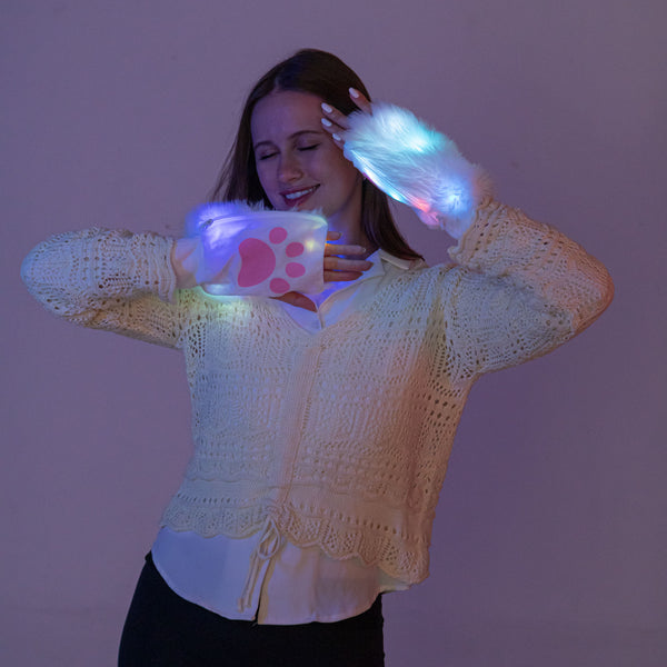 Fuzzy Fur LED Gloves Fingerless Light Up Mittens