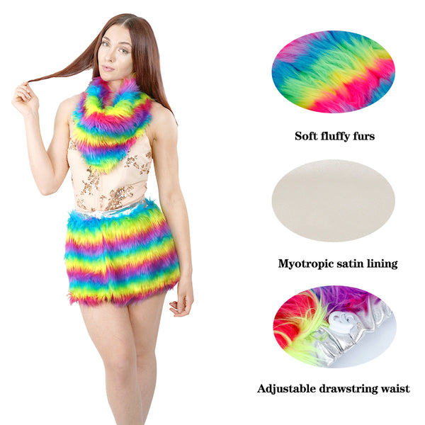 Rainbow Faux Fur Scarf Mini Skirt Set